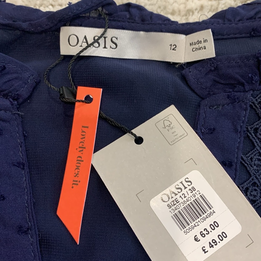 NWT ASOS Swiss Dot Ruffle Skater Dress Size 12 Oasis Navy Tie Waist Button Front - Picture 2 of 13